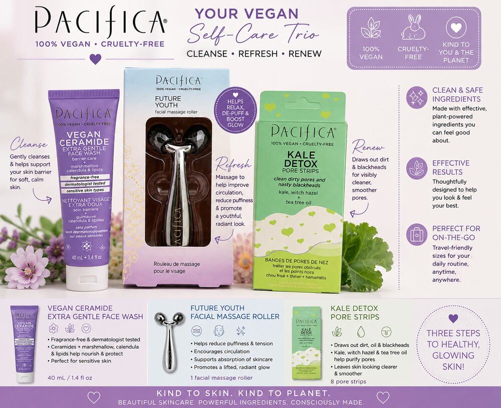 Pacifica Skincare 3 Piece Bundle Face Wash Facial Roller Kale Detox Pore Strips